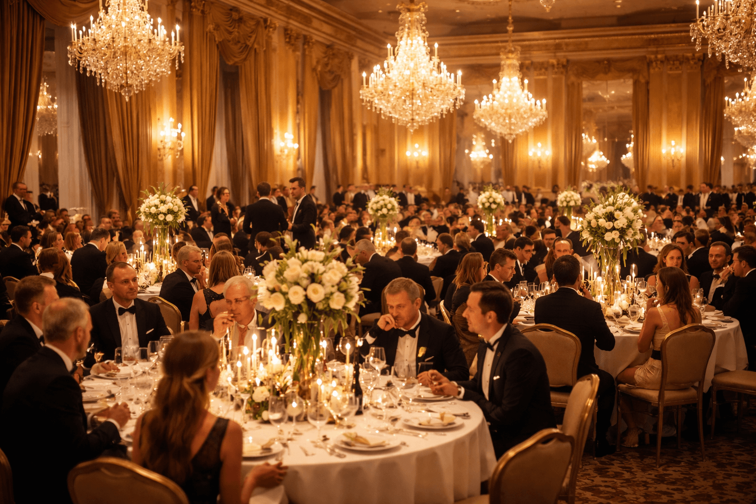 Gäste in festlicher Abendgarderobe beim Gala-Dinner